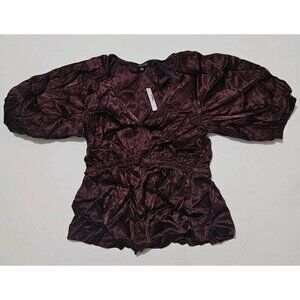 Madewell Blouse Shirred Puff-Sleeve Top V-neck in Satin Cabernet Size Medium